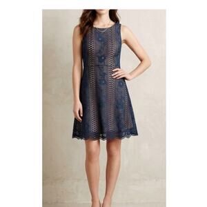 Anthropologie Georgia Lace Mini Dress Navy Blue Nude Size 4